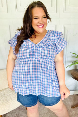 Hello Beautiful Blue Plaid V Neck Ruffle Elastic Babydoll Top - Coeur de la Mode
