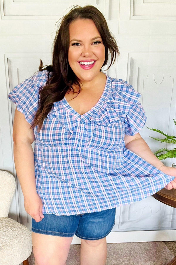 Hello Beautiful Blue Plaid V Neck Ruffle Elastic Babydoll Top - Coeur de la Mode