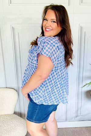 Hello Beautiful Blue Plaid V Neck Ruffle Elastic Babydoll Top - Coeur de la Mode