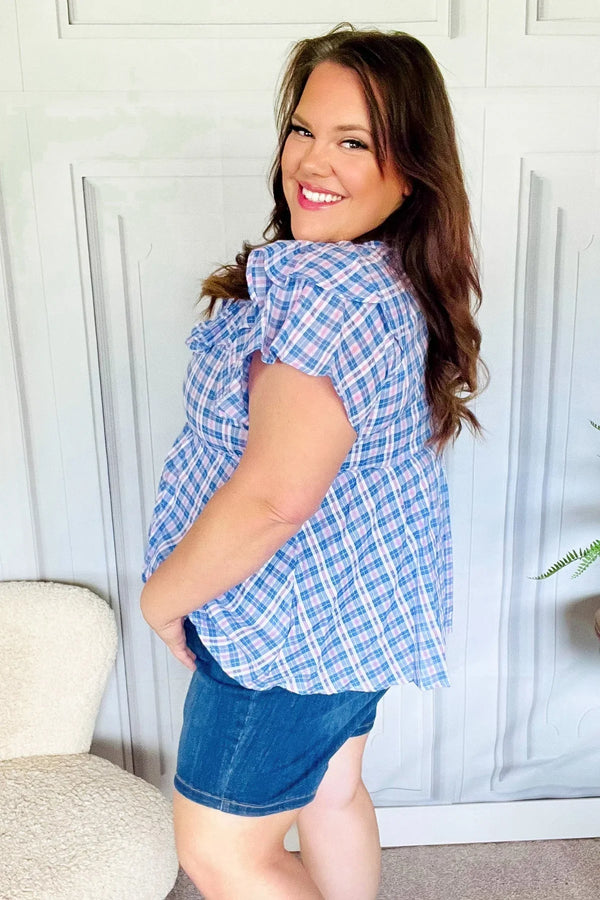 Hello Beautiful Blue Plaid V Neck Ruffle Elastic Babydoll Top - Coeur de la Mode