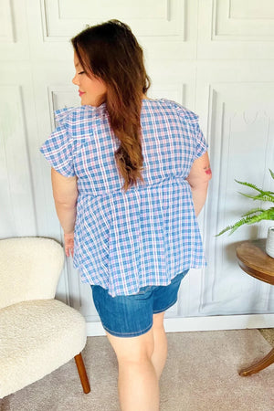Hello Beautiful Blue Plaid V Neck Ruffle Elastic Babydoll Top - Coeur de la Mode