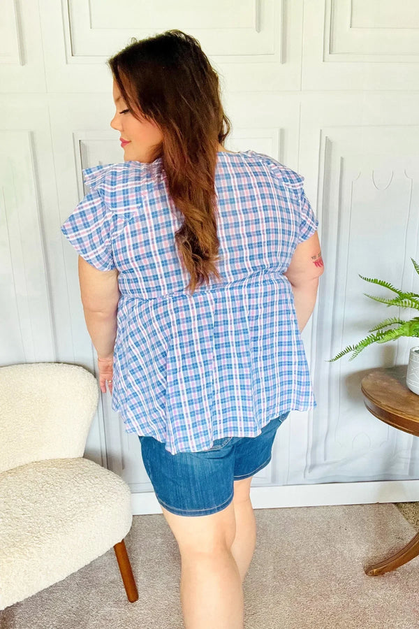 Hello Beautiful Blue Plaid V Neck Ruffle Elastic Babydoll Top - Coeur de la Mode