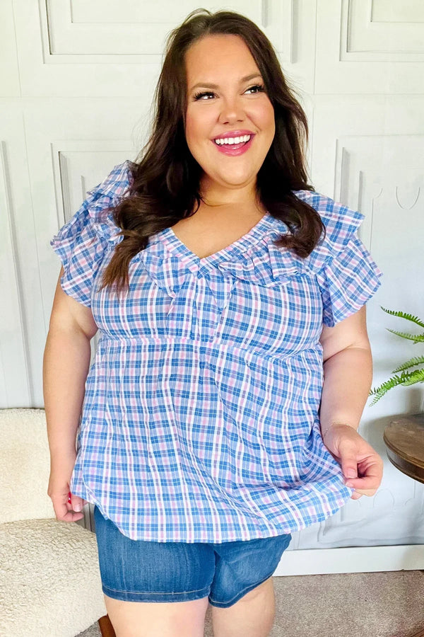 Hello Beautiful Blue Plaid V Neck Ruffle Elastic Babydoll Top - Coeur de la Mode