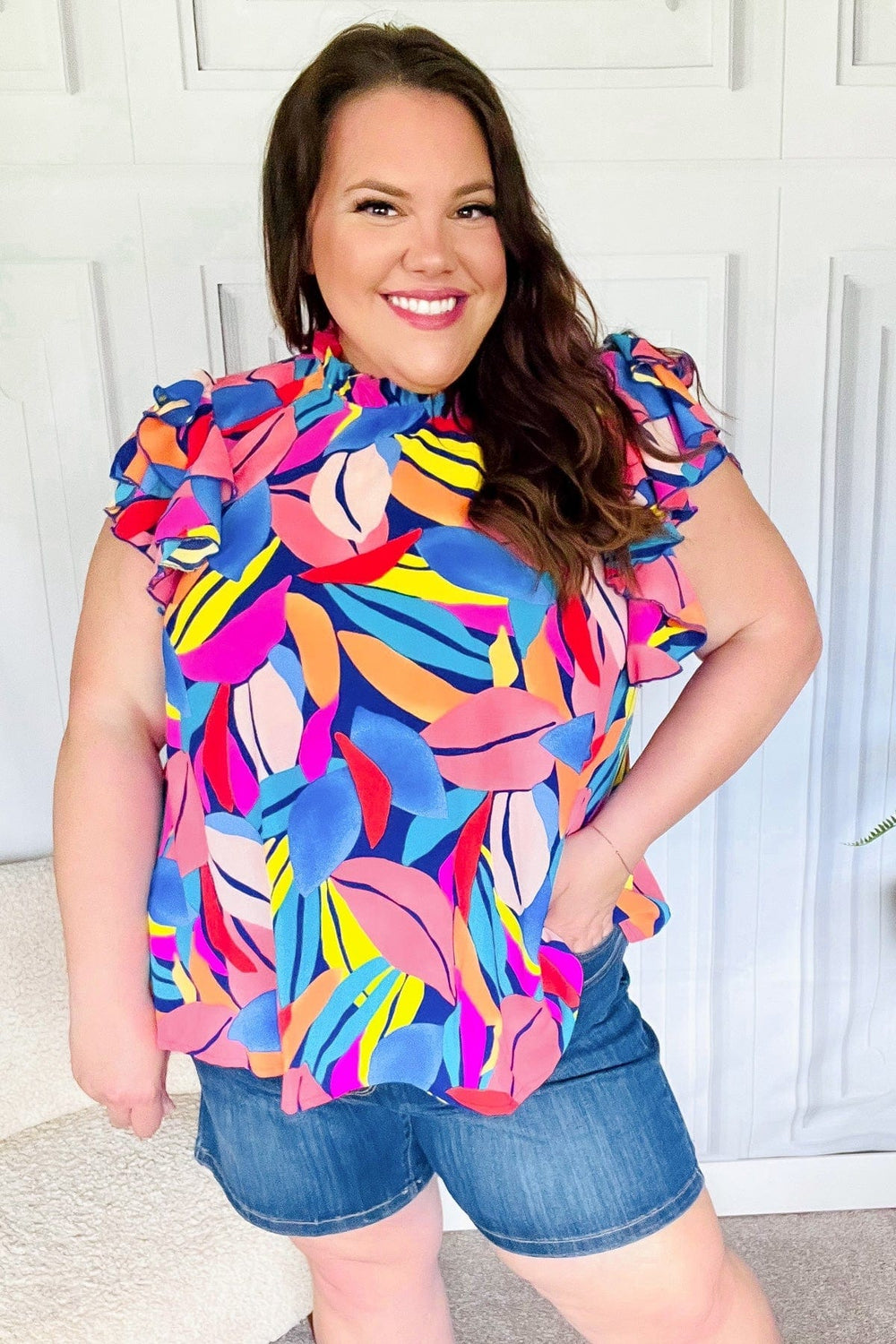 Tropical Vibes Blue & Pink Mock Neck Flutter Sleeve Top - Coeur de la Mode