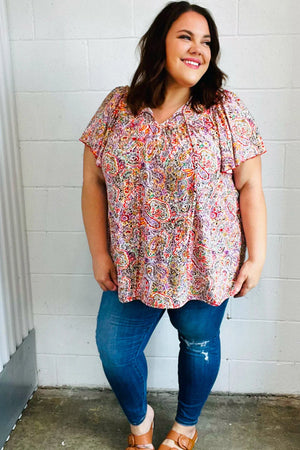 Plum Multicolor Boho Paisley Tie Neck Dolman Top - Coeur de la Mode