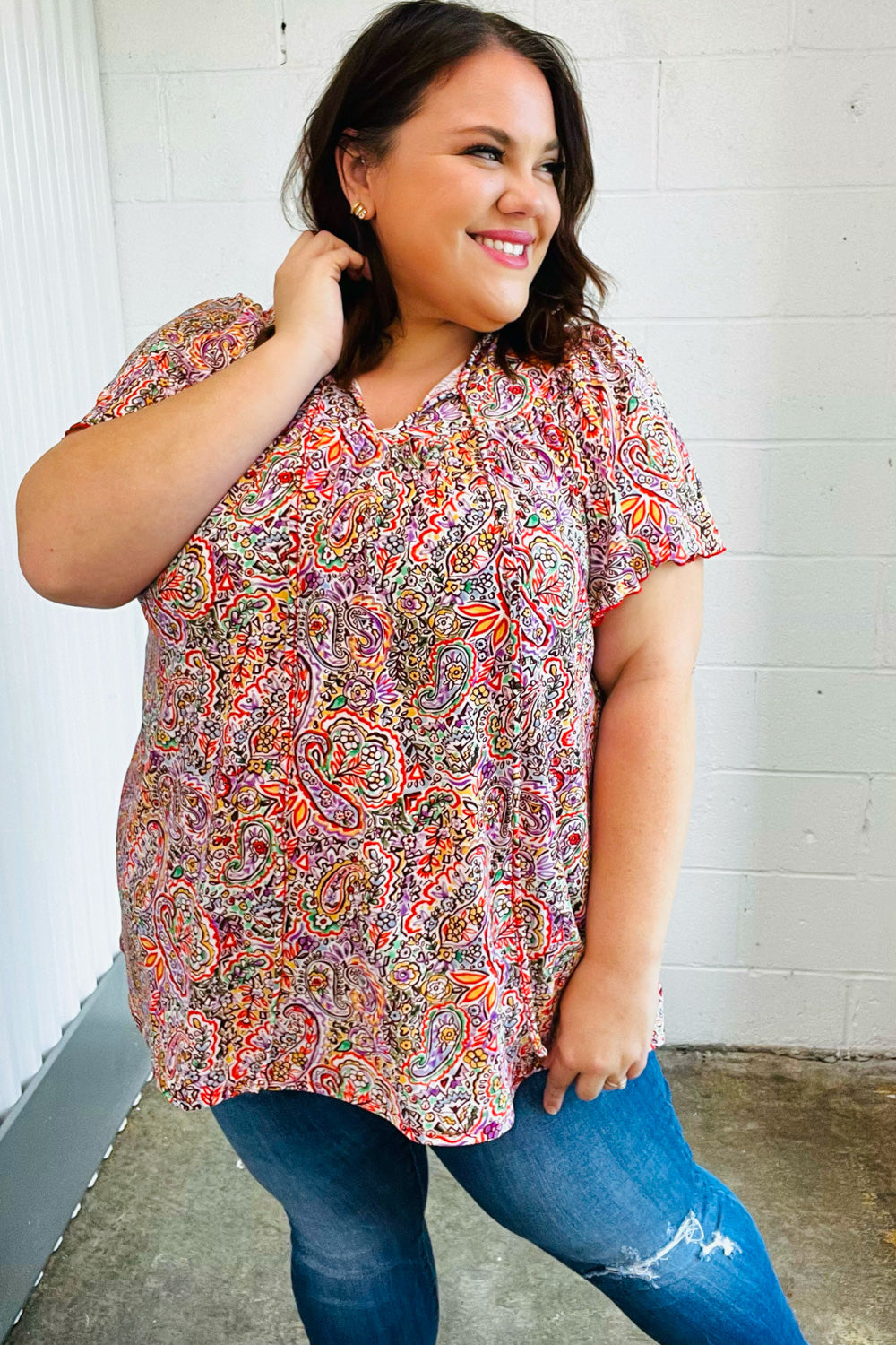 Plum Multicolor Boho Paisley Tie Neck Dolman Top - Coeur de la Mode