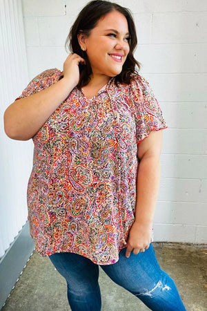 Plum Multicolor Boho Paisley Tie Neck Dolman Top - Coeur de la Mode
