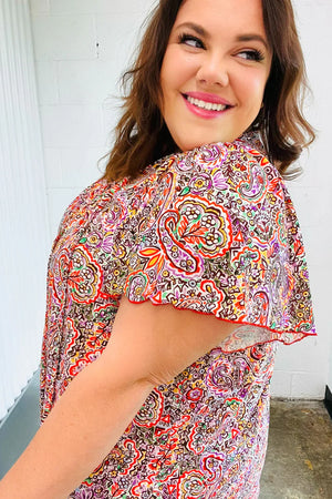 Plum Multicolor Boho Paisley Tie Neck Dolman Top - Coeur de la Mode