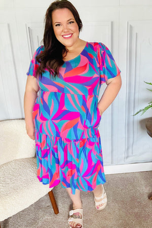 Remember Me Blue & Fuchsia Geo Print V Neck Dress - Coeur de la Mode