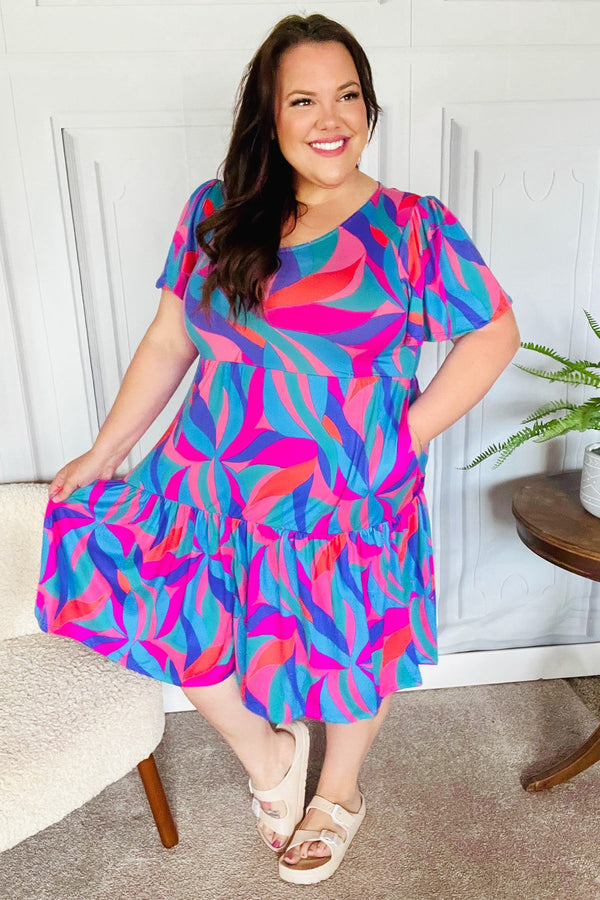 Remember Me Blue & Fuchsia Geo Print V Neck Dress - Coeur de la Mode