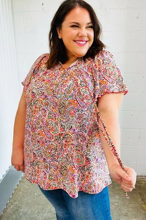 Plum Multicolor Boho Paisley Tie Neck Dolman Top - Coeur de la Mode