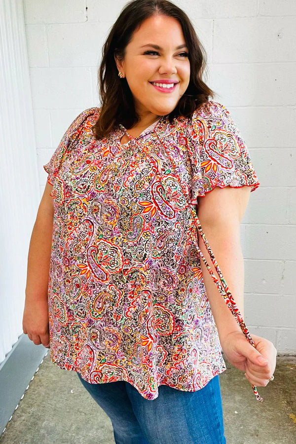 Plum Multicolor Boho Paisley Tie Neck Dolman Top - Coeur de la Mode