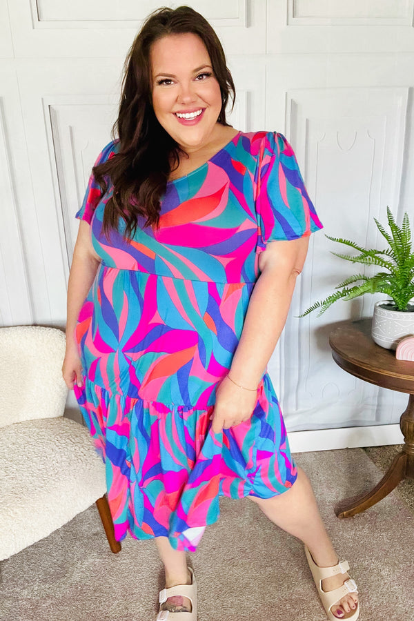 Remember Me Blue & Fuchsia Geo Print V Neck Dress - Coeur de la Mode