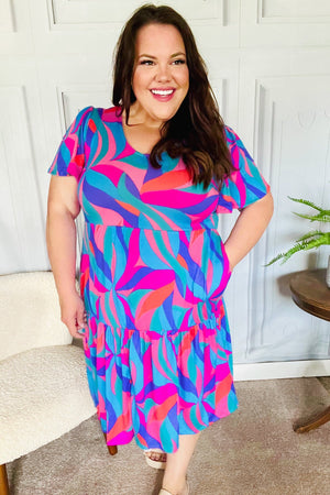 Remember Me Blue & Fuchsia Geo Print V Neck Dress - Coeur de la Mode