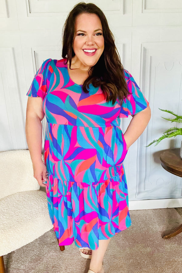 Remember Me Blue & Fuchsia Geo Print V Neck Dress - Coeur de la Mode