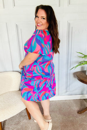 Remember Me Blue & Fuchsia Geo Print V Neck Dress - Coeur de la Mode