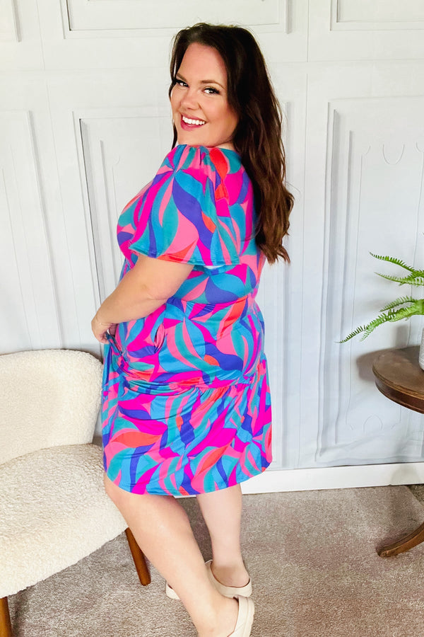 Remember Me Blue & Fuchsia Geo Print V Neck Dress - Coeur de la Mode