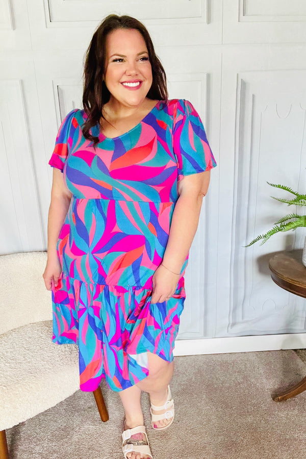 Remember Me Blue & Fuchsia Geo Print V Neck Dress - Coeur de la Mode