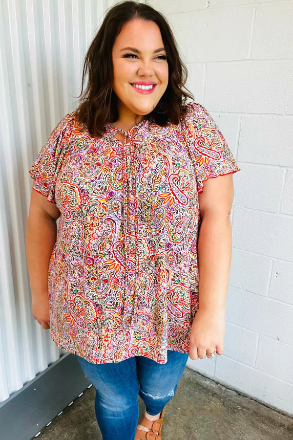 Plum Multicolor Boho Paisley Tie Neck Dolman Top - Coeur de la Mode