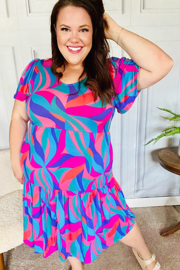 Remember Me Blue & Fuchsia Geo Print V Neck Dress - Coeur de la Mode