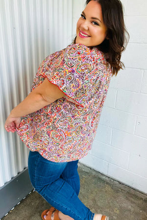Plum Multicolor Boho Paisley Tie Neck Dolman Top - Coeur de la Mode