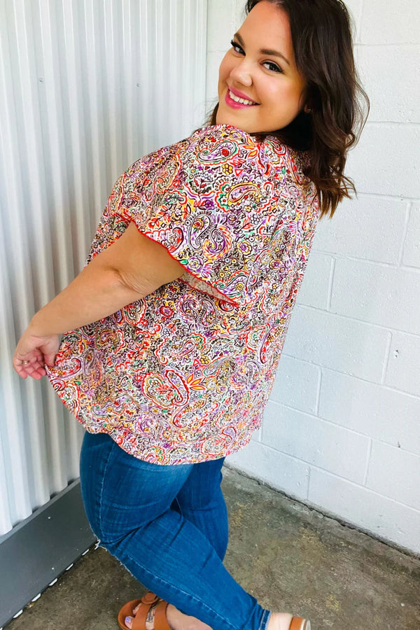 Plum Multicolor Boho Paisley Tie Neck Dolman Top - Coeur de la Mode