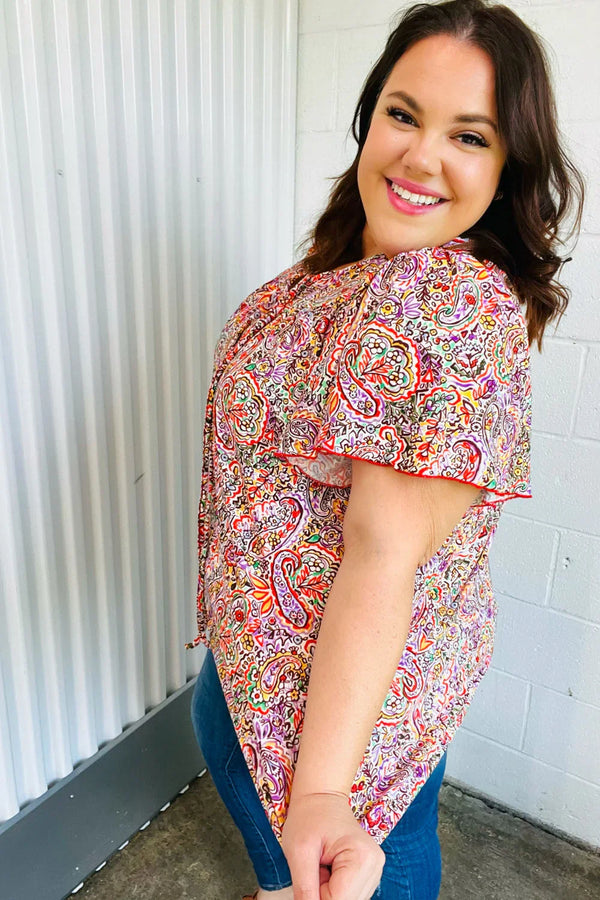 Plum Multicolor Boho Paisley Tie Neck Dolman Top - Coeur de la Mode