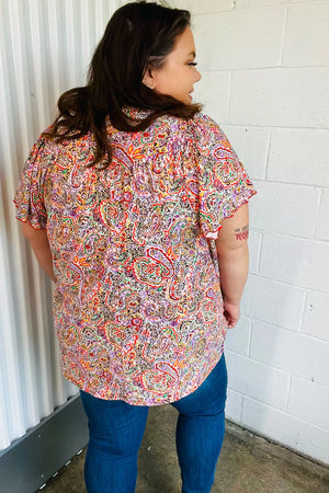 Plum Multicolor Boho Paisley Tie Neck Dolman Top - Coeur de la Mode
