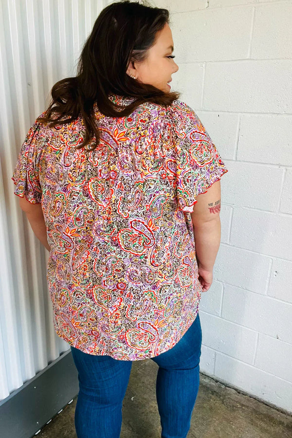 Plum Multicolor Boho Paisley Tie Neck Dolman Top - Coeur de la Mode