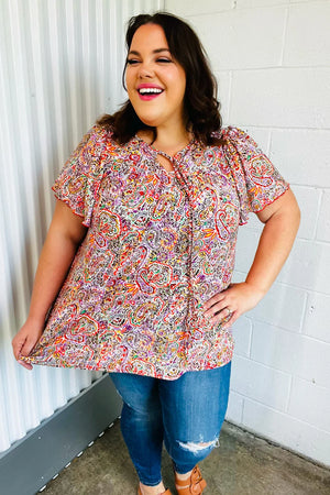 Plum Multicolor Boho Paisley Tie Neck Dolman Top - Coeur de la Mode