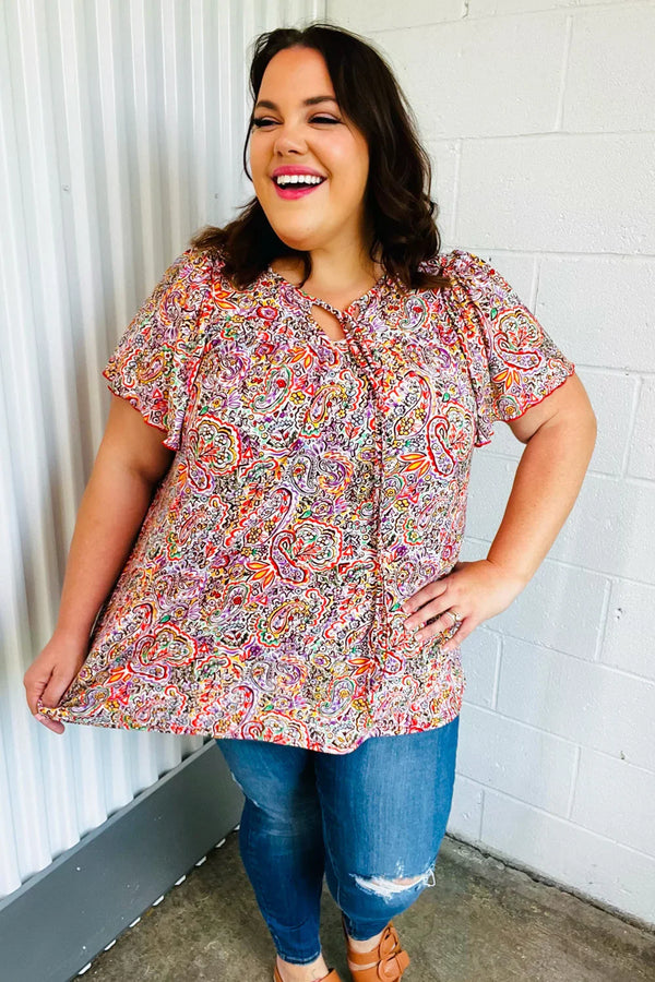 Plum Multicolor Boho Paisley Tie Neck Dolman Top - Coeur de la Mode