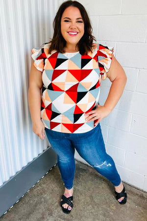 Burnt Orange Geo Print Smocked Ruffle Frill Sleeve Top - Coeur de la Mode