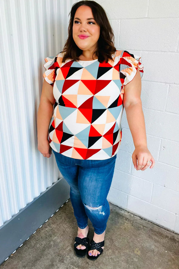 Burnt Orange Geo Print Smocked Ruffle Frill Sleeve Top - Coeur de la Mode