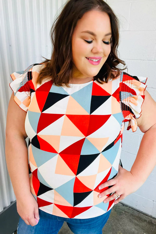 Burnt Orange Geo Print Smocked Ruffle Frill Sleeve Top - Coeur de la Mode