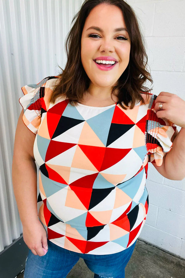 Burnt Orange Geo Print Smocked Ruffle Frill Sleeve Top - Coeur de la Mode