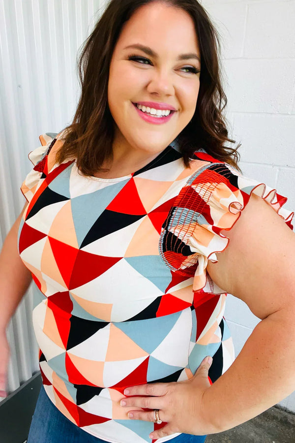 Burnt Orange Geo Print Smocked Ruffle Frill Sleeve Top - Coeur de la Mode