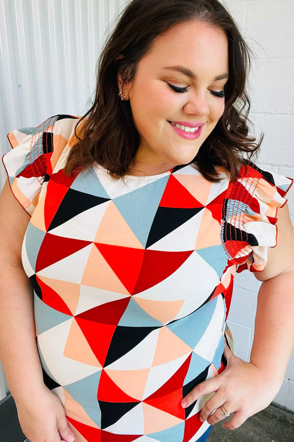 Burnt Orange Geo Print Smocked Ruffle Frill Sleeve Top - Coeur de la Mode