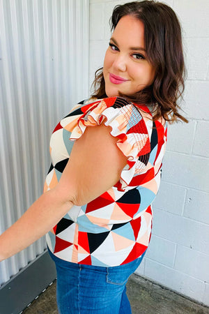 Burnt Orange Geo Print Smocked Ruffle Frill Sleeve Top - Coeur de la Mode