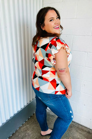Burnt Orange Geo Print Smocked Ruffle Frill Sleeve Top - Coeur de la Mode