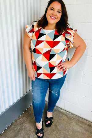 Burnt Orange Geo Print Smocked Ruffle Frill Sleeve Top - Coeur de la Mode