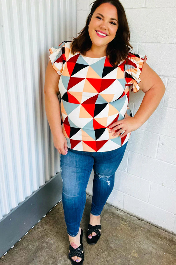 Burnt Orange Geo Print Smocked Ruffle Frill Sleeve Top - Coeur de la Mode