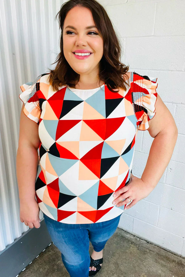 Burnt Orange Geo Print Smocked Ruffle Frill Sleeve Top - Coeur de la Mode