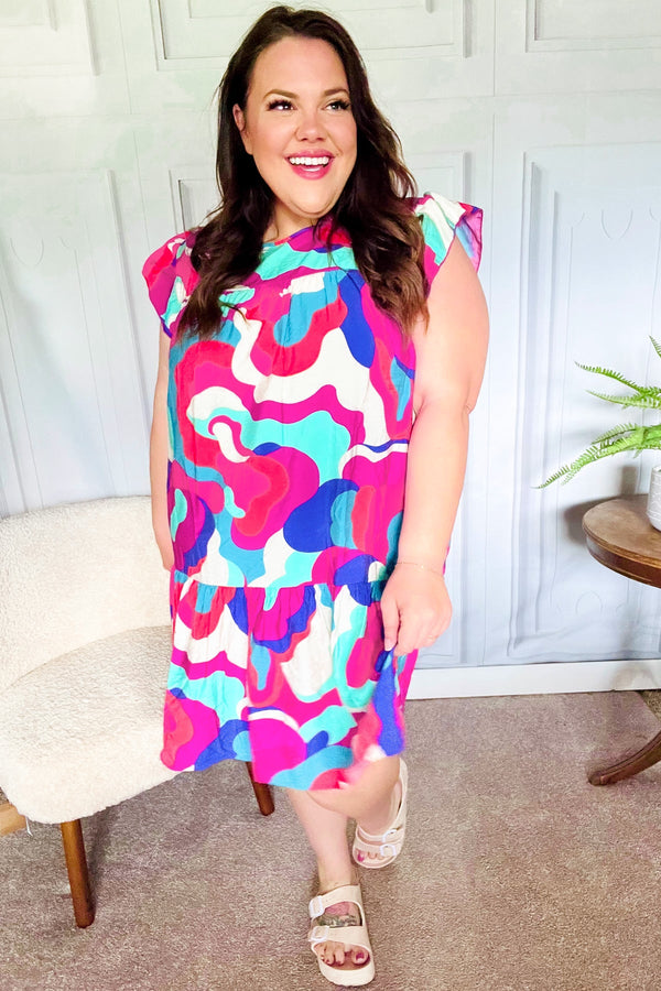 Go For Fun Fuchsia Geo Print Tiered Ruffle Sleeve Woven Dress - Coeur de la Mode