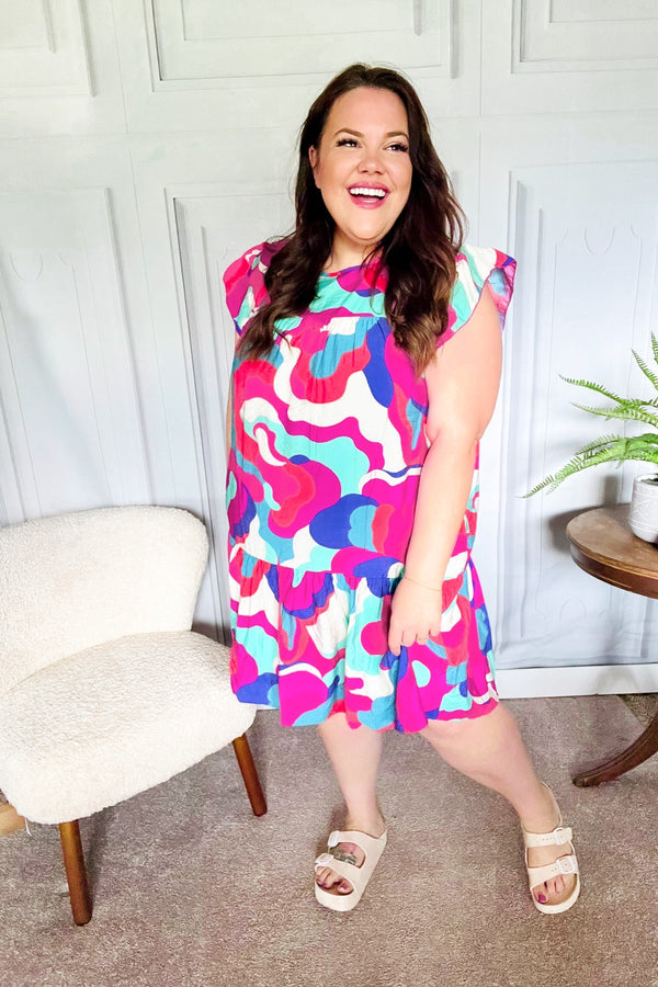 Go For Fun Fuchsia Geo Print Tiered Ruffle Sleeve Woven Dress - Coeur de la Mode