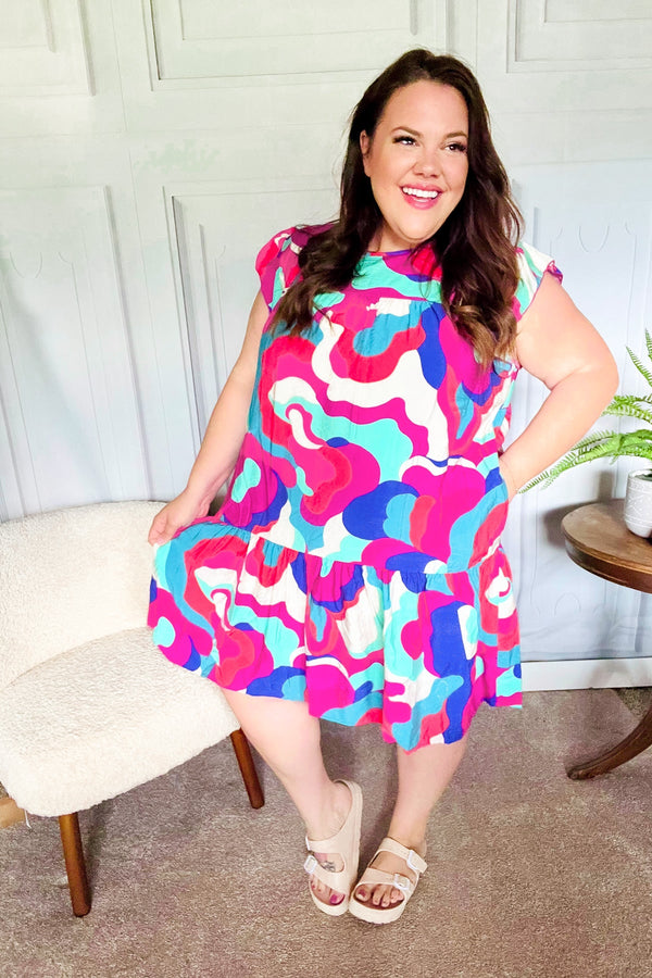 Go For Fun Fuchsia Geo Print Tiered Ruffle Sleeve Woven Dress - Coeur de la Mode