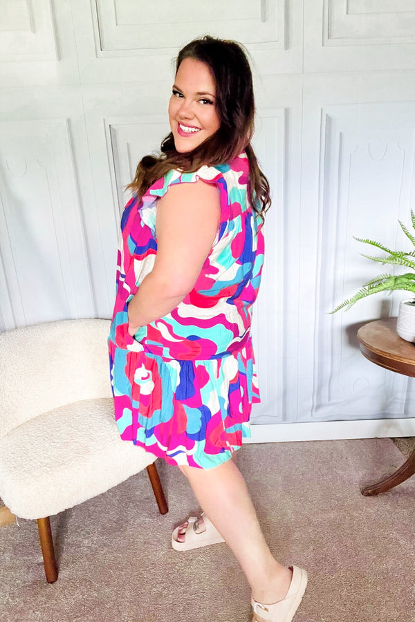 Go For Fun Fuchsia Geo Print Tiered Ruffle Sleeve Woven Dress - Coeur de la Mode