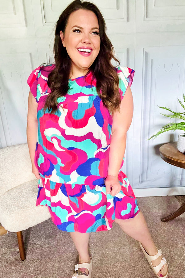 Go For Fun Fuchsia Geo Print Tiered Ruffle Sleeve Woven Dress - Coeur de la Mode