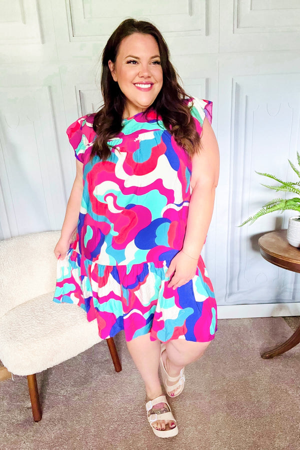 Go For Fun Fuchsia Geo Print Tiered Ruffle Sleeve Woven Dress - Coeur de la Mode