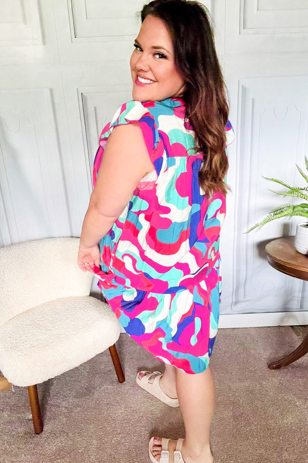 Go For Fun Fuchsia Geo Print Tiered Ruffle Sleeve Woven Dress - Coeur de la Mode