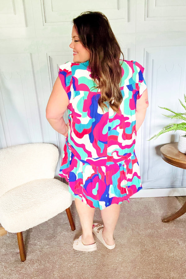 Go For Fun Fuchsia Geo Print Tiered Ruffle Sleeve Woven Dress - Coeur de la Mode